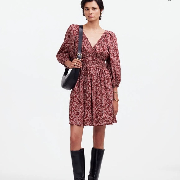 Madewell Puff Sleeve V-Neck Mini Dress  4 Amira Rusted Red Paisley Floral NEW! - Picture 1 of 11